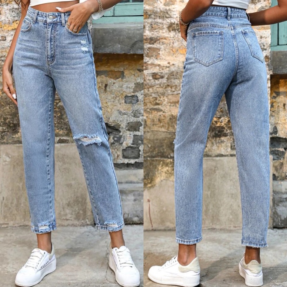 Ripped Frayed Hem Mom Jeans light wash color - Picture 1 of 10